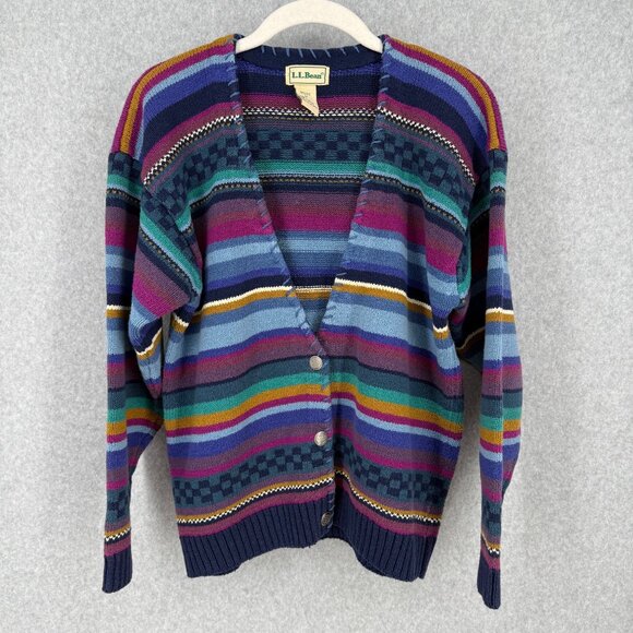 LL Bean Womens Vintage Knit Cardigan Size M Rainbow Stripe Silver Button 80s EUC - Picture 1 of 12